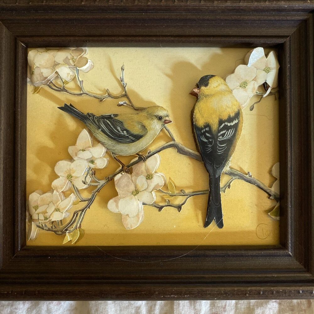 Signed 90’s 3D Art Gold Finches On Apple Blossom